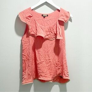 ROZAE NICHOLS Women’s Orange Peach Faux Leather Trim Ruffle Stretch Silk Top S